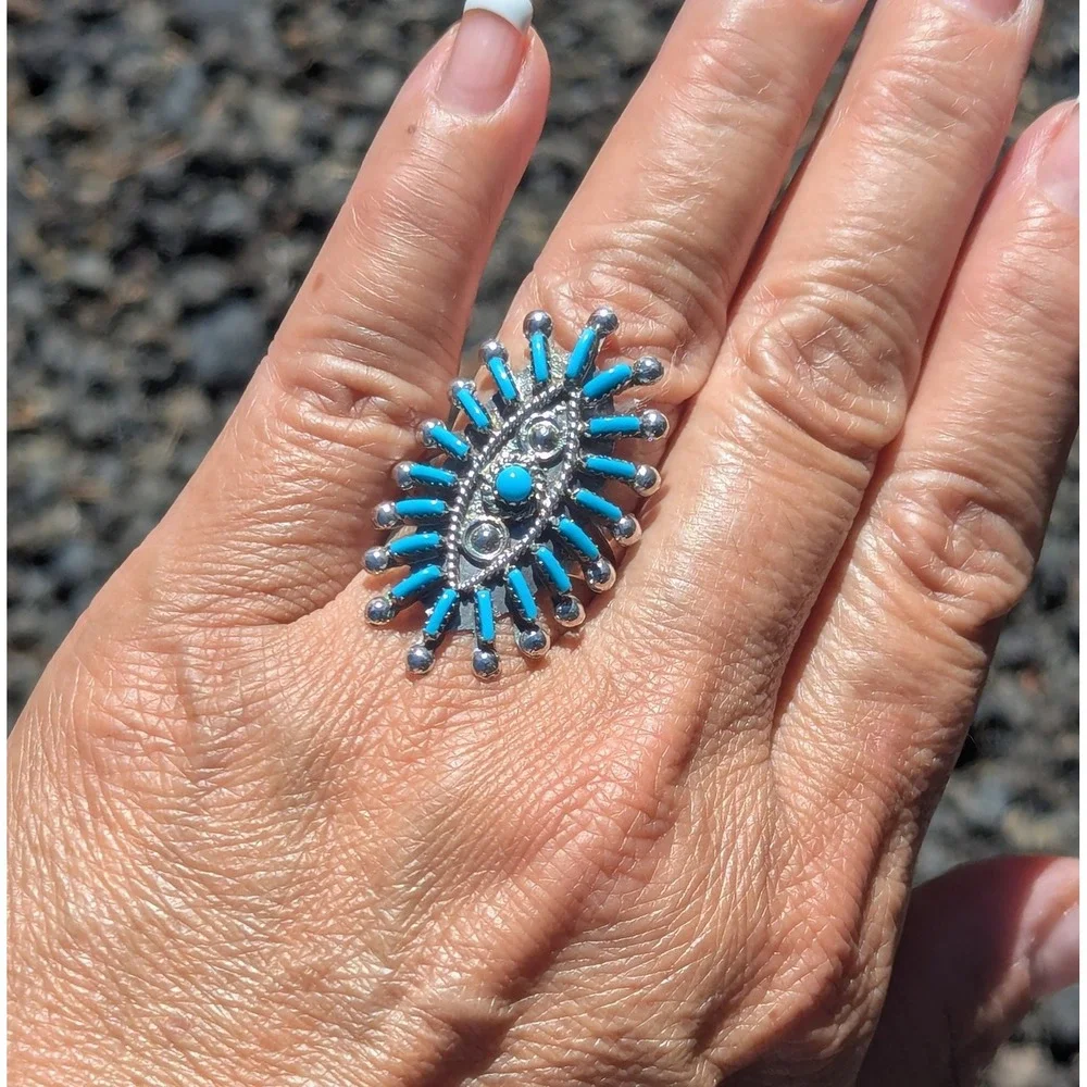 Zuni Ring Turquoise Cluster Auth Native American Handmade Jewelry sz 9.5 **‎